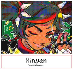 Rule 34 | 1girl, 2022, black hair, character name, commentary, dark-skinned female, dark skin, dithering, eighth note, eyeliner, genshin impact, green eyes, lowres, makeup, multicolored hair, musical note, one eye closed, pink lips, red eyeliner, red hair, shoulder spikes, smile, solo, spikes, streaked hair, vibnib, xinyan (genshin impact)
