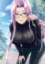 Rule 34 | 1girl, bespectacled, black sweater, blue sky, breasts, cloud, commentary request, denim, fate/stay night, fate (series), glasses, grey pants, highres, jeans, large breasts, leaning forward, long hair, long sleeves, looking at viewer, medusa (fate), medusa (rider) (fate), murasaki yuna, outdoors, pants, parted lips, purple eyes, purple hair, sky, solo, sweater, tree, watermark