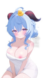 1girl :o absurdres ahoge alternate_hairstyle bare_shoulders between_legs blue_hair blush breasts cleavage collarbone fuminshou_(nekopan_art) ganyu_(genshin_impact) genshin_impact hair_between_eyes hand_between_legs highres large_breasts long_hair looking_at_viewer naked_towel nipples object_on_head purple_eyes rubber_duck simple_background sitting solo towel white_background