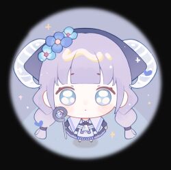1girl :o apron baonu_de_zhanshen_caibutou bell black_border black_dress black_headscarf blue_eyes blue_flower blunt_bangs border braid capelet chibi chinese_commentary commentary_request country_lolita dot_nose dress eyelashes flower hair_flower hair_ornament hallway headscarf heart highres holding holding_staff horns horns_through_headwear infinity_nikki light_blush light_particles lolita_fashion long_dress long_hair long_sleeves looking_at_viewer low_twin_braids meme meme_request neck_bell nikki_(series) parted_lips pastoral_dance_(infinity_nikki) pocket purple_apron purple_capelet purple_shoes round_border sheep_horns shoes solo sparkle staff standing straight-on tareme textless_version translucent_horns twin_braids very_long_hair waist_apron white_horns