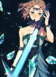 1girl armlet bare_shoulders blonde_hair bracelet braid circlet closed_mouth collarbone commentary crown_braid crystal dark_background dress earrings english_commentary green_dress green_eyes highres holding holding_sword holding_weapon jewelry looking_at_viewer master_sword necklace nintendo orri_(iirokagi) pointy_ears princess_zelda short_hair solo strapless strapless_dress sword teardrop_facial_mark the_legend_of_zelda the_legend_of_zelda:_tears_of_the_kingdom two-tone_dress upper_body weapon white_dress