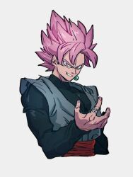Rule 34 | 1boy, black bodysuit, bodysuit, clenched teeth, dragon ball, dragon ball super, earrings, goku black, grey background, jewelry, kemachiku, looking at viewer, male focus, pink eyes, pink hair, potara earrings, ring, simple background, smile, super saiyan, teeth