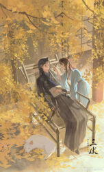 Rule 34 | 1boy, 1girl, absurdres, autumn, black hanfu, blue hanfu, brown hair, calligraphy brush, chair, check copyright, chinese clothes, chinese commentary, chinese text, closed eyes, closed mouth, commentary request, copyright request, day, drawn whiskers, falling leaves, folding chair, full body, ginkgo leaf, ginkgo tree, hair bun, hanfu, happy, highres, holding, holding calligraphy brush, holding paintbrush, house, leaf, leaning forward, lips, long hair, looking at another, lying, on back, on chair, original, outdoors, paintbrush, pillar, prank, sanfu qwq, shade, single hair bun, sleeping, standing, straight hair, tile floor, tiles, translation request, very long hair, watermark, weibo watermark, window