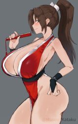 1girl artist_name bare_shoulders blush breasts brown_eyes brown_hair female_focus folding_fan grey_background hair_ornament hand_fan hand_on_own_hip japanese_clothes kataku_musou large_breasts long_hair ponytail shiny_skin shiranui_mai simple_background snk standing the_king_of_fighters thighs