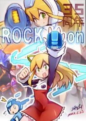 1girl armor bass_(mega_man) bass_(mega_man)_(cosplay) bingshan biometal blonde_hair breasts commentary_request cosplay covered_navel dated dress green_eyes hair_ribbon high_ponytail long_hair mega_man_(character) mega_man_(character)_(cosplay) mega_man_(classic) mega_man_(series) mega_man_zx ponytail power_armor proto_man proto_man_(cosplay) red_dress ribbon roll_(mega_man) signature small_breasts