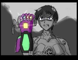 1boy angry avengers:_endgame avengers_(series) blood blood_from_mouth blue_eyes clenched_teeth cup cup_holder disposable_cup drinking_straw glowing hairpods ikari_shinji infinity_gauntlet kin-san_(sasuraiga) male_focus marvel marvel_cinematic_universe mecha_pilot_suit merchandise neon_genesis_evangelion parody plugsuit_(evangelion) sketch teeth translated