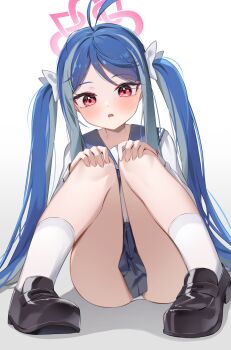 Rule 34 | 1girl, :o, absurdres, antenna hair, black shoes, blue archive, blue hair, blue sailor collar, blue skirt, blush, fubuki (blue archive), full body, grey hair, halo, hands on own knees, highres, knees up, loafers, long hair, long sleeves, looking at viewer, multicolored hair, panties, panty peek, pantyshot, parted bangs, parted lips, pink eyes, pink halo, pleated skirt, sailor collar, school uniform, serafuku, shirt, shoes, shuvi (shuvi1125), simple background, sitting, skirt, socks, solo, twintails, two-tone hair, underwear, very long hair, white background, white panties, white shirt, white socks