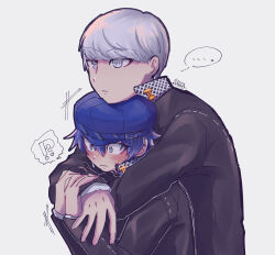 ! !? ... 1boy 1girl ? absurdres artist_name ayufa black_jacket blue_eyes blue_hair blue_hat blush closed_mouth commentary_request expressionless gakuran grey_eyes grey_hair hair_between_eyes hat height_difference highres hug hug_from_behind jacket long_sleeves narukami_yu newsboy_cap persona persona_4 school_uniform shirogane_naoto short_hair simple_background white_background yasogami_school_uniform
