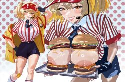 1girl alternate_costume arm_up black_gloves black_necktie black_shorts blonde_hair blush breasts burger burnice_white cosplay feet_out_of_frame fingerless_gloves food food_on_body food_on_breasts gloves hand_on_own_hip hintobento holding holding_tray imadake_dabuchi_tabemi imadake_dabuchi_tabemi_(cosplay) jacket large_breasts looking_at_viewer mcdonald&#039;s mixed-language_commentary multiple_views necktie necktie_in_pocket nipples orange_eyes polka_dot polka_dot_background salute shirt shirt_tucked_in short-sleeved_jacket short_sleeves shorts smile standing striped_clothes striped_shirt tray two_side_up vertical-striped_clothes vertical-striped_shirt visor_cap white_shirt yellow_jacket zenless_zone_zero
