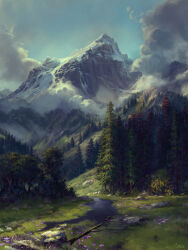 absurdres blue_sky cloud commentary day english_commentary forest grass highres mountain nature no_humans original outdoors philipp_urlich pond scenery sky