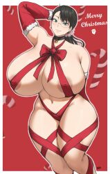 1girl areola_slip batako_(batakoart) beard bell black_hair blue_eyes breasts candy candy_cane cattleya_(queen&#039;s_blade) christmas collar collar_bell covered_erect_nipples curvy detached_sleeves earrings english_text facial_hair female_focus flower food gigantic_breasts glasses green_eyes happy hat highres jewelry long_hair looking_at_viewer mature_female merry_christmas naked_ribbon navel nude ponytail queen&#039;s_blade red_background ribbon ribbon_bikini sagging_breasts santa_claus santa_hat simple_background smile solo thick_thighs thighs wide_hips wrapped_up