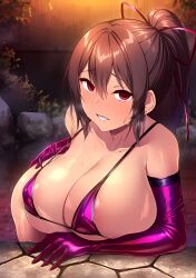1girl areola_slip arm_support bare_shoulders bikini blurry blurry_background blush breasts brown_hair cleavage collarbone covered_erect_nipples ear_piercing elbow_gloves fence gloves grin hair_between_eyes hair_ribbon huge_breasts jewelry large_breasts latex latex_gloves long_hair looking_at_viewer micro_bikini mole onsen original outdoors parted_lips partially_submerged piercing pink_bikini ponytail purple_bikini purple_gloves red_eyes red_ribbon ribbon satou_kuuki seductive_smile shiny_clothes shiny_skin sidelocks skindentation smile solo steam suzumori_mizuki swimsuit third-party_edit water wet