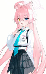 1girl absurdres animal_ears blue_archive blue_eyes blue_necktie blush cat_ears commentary halo heterochromia highres hoshino_(blue_archive) long_hair looking_at_viewer necktie open_mouth pink_hair pink_halo pleated_skirt shirt skirt solo usagi_(786113654) very_long_hair white_background white_shirt yellow_eyes