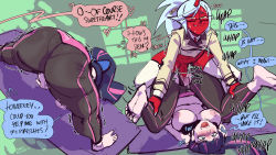 1futa 1girl absurdres angel ass breasts clothing_aside colored_skin cum cum_in_pussy demon_girl folded futa_with_female futanari glasses highres horn kenno_arkkan kneesocks_(psg) multicolored_hair open_mouth panties panties_aside heavy_breathing pants panty_&amp;_stocking_with_garterbelt penis piledriver_(sex) ponytail red_skin sex smile stocking_(psg) torn_clothes torn_legwear two-tone_hair underwear upside-down vaginal yoga yoga_mat yoga_pants