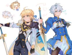 1boy 1girl ahoge animal_ears antenna_hair armor arrow_(symbol) artoria_pendragon_(fate) belt black_belt black_choker black_gloves black_pants blonde_hair blue_bow blue_bowtie blue_cape blue_dress blue_eyes bow bowtie braid breasts brown_pantyhose buttons cape choker closed_eyes closed_mouth coat cosplay costume_switch cowboy_shot crossdressing crossover dog_ears dog_tail dress embarrassed excalibur_(fate/stay_night) fate/stay_night fate/unlimited_blade_works fate_(series) fingerless_gloves flying_sweatdrops gauntlets gloves green_eyes grey_hair hair_between_eyes hair_bow hair_bun hand_up highres holding holding_sword holding_weapon honkai:_star_rail honkai_(series) jacket juliet_sleeves kemonomimi_mode lion_hood long_sleeves looking_at_viewer maiikun medium_breasts open_clothes open_coat open_mouth pants pantyhose phainon_(honkai:_star_rail) phainon_(honkai:_star_rail)_(cosplay) puffy_sleeves saber_(fate) saber_(fate)_(cosplay) saber_(honkai:_star_rail)_(fate) short_hair shoulder_armor sidelocks simple_background smile standing sun_symbol sword tail thigh_strap two-sided_cape two-sided_coat two-sided_fabric two-tone_dress weapon white_background white_coat white_dress white_jacket yellow_cape yellow_coat