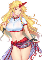 1girl adapted_costume bikini blonde_hair blue_sarong braid breasts chain choker collarbone commentary_request cowboy_shot crop_top cuffs earrings fingernails hataraki_kuma heart heart_choker highres horns hoshiguma_yuugi jewelry large_breasts long_hair midriff nail_polish navel parted_bangs puffy_short_sleeves puffy_sleeves red_bikini red_eyes red_horns red_nails sarong shackles shirt short_sleeves simple_background single_horn solo star_(symbol) stomach swimsuit thighs tongue tongue_out touhou twin_braids very_long_hair wavy_hair white_background white_shirt