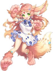 1girl animal_ears animal_feet animal_hands anklet artist_request bare_legs bare_shoulders bracelet breasts carbuncle_(legend_clover) fang flower forehead_jewel full_body game_cg green_eyes hair_flower hair_ornament highres jewelry legend_clover long_hair official_art open_mouth skirt solo third-party_source transparent_background
