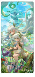 2boys 4girls absurdres animal animal_ear_fluff animal_ears black_scarf blonde_hair blue_sky book border braid branch cape cat chinese_commentary closed_eyes closed_mouth cloud commentary_request cross-shaped_pupils detached_sleeves dress falling_leaves floating flower food fox_boy fox_ears fox_tail from_above genshin_impact gold_bracer gold_choker gold_collar gold_trim gradient_hair grass green_cape green_eyes green_hair green_sleeves hair_between_eyes hair_flower hair_ornament hakama hakama_shorts halo head_out_of_frame highres hug hug_from_behind japanese_clothes leaf leaf_hair_ornament long_hair lumine_(genshin_impact) mechanical_halo multicolored_hair multiple_boys multiple_girls mushroom nahida_(genshin_impact) open_book open_mouth outdoors paimon_(genshin_impact) plant pointy_ears romper rukkhadevata_(genshin_impact) scaramouche_(genshin_impact) scarf shish_kebab short_hair_with_long_locks shorts side_ponytail sitting sky smile standing stirrup_footwear stirrup_legwear streaked_hair suisuiing symbol-shaped_pupils tail tighnari_(genshin_impact) toeless_legwear tree very_long_hair wanderer_(genshin_impact) white_border white_dress white_flower white_hair white_romper white_scarf yellow_eyes