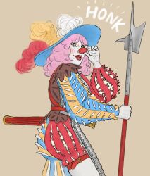 1girl armor belt_buckle black_eyes brown_background buckle clown clown_nose clownsknecht goblin_bin hat hat_feather highres holding holding_polearm holding_weapon honking_nose makeup original pink_hair polearm red_lips scabbard sheath simple_background solo weapon