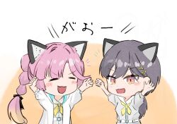 2girls :3 :d =_= animal_ears anyoji_hime arms_up blush cat_ears closed_eyes commentary_request dress gao grey_dress grey_hair hair_intakes hair_ornament hasu_no_sora_school_uniform highres hood hooded_jacket jacket katsuragi_izumi kemonomimi_mode kisaragi_yukitora link!_like!_love_live! long_hair love_live! multi-tied_hair multiple_girls neckerchief notice_lines open_clothes open_jacket open_mouth orange_eyes pink_hair ponytail puffy_short_sleeves puffy_sleeves sailor_collar school_uniform short_sleeves smile summer_uniform triangle_hair_ornament upper_body v-shaped_eyebrows virtual_youtuber white_jacket white_sailor_collar wolf_cut yellow_neckerchief