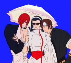 1girl black_hair breasts brown_hair buttons dress earrings formal_clothes glasses hairband j_peree jewelry kagura_chizuru kusanagi_kyou large_breasts long_hair long_sleeves medium_hair pale_skin red_eyes short_hair standing sunglasses the_king_of_fighters umbrella yagami_iori