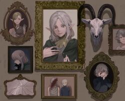 2boys 2girls black_shirt blonde_hair blood blood_on_face braid braided_ponytail_elf_(dungeon_meshi) broken_mirror brothers cloak covering_one_eye dungeon_meshi elf goat goat_(dungeon_meshi) green_cloak grey_eyes grey_hair head-mounted_display highres holding_pitcher hood hood_down hooded_cloak long_hair long_sleeves looking_at_viewer looking_down milsiril_(dungeon_meshi) mirror mithrun mithrun&#039;s_brother multiple_boys multiple_girls pitcher_(container) pointy_ears portrait_(object) shirt short_hair siblings smile stuffed_animal stuffed_cat stuffed_toy xiiiiiiiii