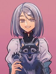 1girl animal baby_animal dog dress final_fantasy final_fantasy_xvi grey_eyes grey_hair highres holding holding_animal holding_dog jewelry jill_warrick juliet_sleeves long_sleeves necklace open_mouth puffy_sleeves puppy seilidare short_hair simple_background smile solo torgal_(ff16) upper_body white_background