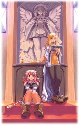 1990s_(style) 2girls alouette_(la_pucelle) black_pantyhose blonde_hair blue_eyes book boots braid braided_ponytail brown_boots candle candlelight clothing_cutout coattails cross highres holding holding_book knees_up la_pucelle long_hair long_sleeves looking_at_viewer multiple_girls non-web_source official_art open_book pantyhose photoshop_(medium) pink_hair prier reading red_eyes retro_artstyle ritual_baton ryoji_(nomura_ryouji) shoulder_cutout sitting smile standing statue very_long_hair