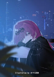 1girl against_railing artist_name black_jacket city commentary_request eyewear_on_head from_side glasses highres honkai:_star_rail honkai_(series) jacket kafka_(honkai:_star_rail) long_hair long_sleeves night outdoors pince-nez purple_eyes purple_hair railing round_eyewear shirt solo spider_web_print srpzk sunglasses upper_body white_shirt