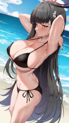 1girl armpits arms_up beach bikini black_bikini black_hair blue_archive blue_sky breasts butt_crack closed_mouth cloud day from_side hair_ornament hairclip halo highres large_breasts lessone long_hair nail_polish navel ocean outdoors red_eyes red_nails rio_(blue_archive) side-tie_bikini_bottom sky solo stomach swimsuit very_long_hair wet