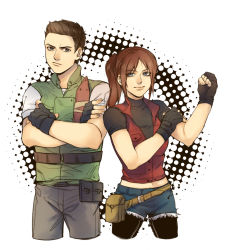 Rule 34 | 1boy, 1girl, bad id, bad pixiv id, blue eyes, brother and sister, brown hair, canislatrans, chris redfield, claire redfield, cutoffs, denim, denim shorts, fingerless gloves, gloves, midriff, navel, ponytail, resident evil, resident evil 2, resident evil 5, shorts, siblings, vest