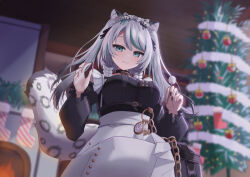 animal_ears bad_tag black_sky braided_sidelocks cake cheek_rest copyright_request cross-laced_clothes cross-laced_sleeves dessert food frilled_straps fuzzy_clothes grey_nails grey_tail hinamori_anthea holding holding_saucer indie indie_virtual_youtuber leopard_ears leopard_tail maid nata_(tool) non-web_source red_pupils saucer sky snow_leopard_tail strawberry_shortcake tail teapot virtual wallpaper_(object)