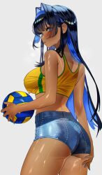 1girl ass ball blue_eyes blue_hair blue_nails blush brazilian_miku breasts colored_inner_hair covered_erect_nipples dark-skinned_female dark_skin denim denim_shorts from_behind hair_intakes hatsune_miku highres holding holding_ball hololive hololive_english large_breasts long_hair looking_at_viewer looking_back multicolored_hair ouro_kronii sanya_(sanya_lox228) shiny_skin shirt short_shorts shorts simple_background solo sweat tan tanline virtual_youtuber yellow_shirt