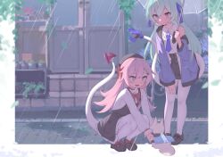 2girls absurdres blue_eyes blue_hair dog hair_between_eyes hair_ribbon hat highres holding holding_umbrella honkai_(series) honkai_impact_3rd klaius liliya_olenyeva long_hair multiple_girls pantyhose pink_hair rain ribbon rozaliya_olenyeva tail umbrella white_pantyhose