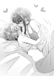 2girls asanagi_yori blush camisole choker collarbone commentary grabbing_another&#039;s_breast greyscale groping hair_intakes heart highres kino_himari long_hair lwmina70119 lying midriff monochrome multiple_girls off_shoulder open_mouth sasayaku_you_ni_koi_wo_utau short_hair sidelocks sleeveless sweat yuri