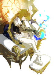 1girl absurdres angel_wings blonde_hair braid braided_ponytail commentary expressionless fate/grand_order fate_(series) fui_(fui29493452) full_body gauntlets grey_eyes halo head_on_knee high_heels highres jeanne_d&#039;arc_(fate) knee_up long_hair long_sleeves looking_at_viewer metatron_jeanne_(fate) own_hands_clasped own_hands_together puffy_sleeves shoes simple_background sitting_on_throne solo thighhighs throne white_background white_shoes white_thighhighs white_wings wings