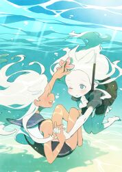 2girls barefoot blue_eyes blue_sailor_collar blush bodysuit closed_eyes diving_suit dual_persona flower grey_hair hair_flower hair_ornament haruta_(hrtco) highres holding_hands kantai_collection long_hair multiple_girls one-piece_swimsuit one_eye_closed open_mouth pale_skin pink_flower ro-500_(kancolle) sailor_collar shadow short_sleeves swimsuit tan tanline u-511_(kancolle) underwater water wetsuit