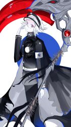 1boy aotsuki_eito armband blue_background blue_eyes full_body glasses gloves highres holding holding_scythe holding_weapon looking_at_viewer male_focus parted_hair scythe simple_background solo standing the_hundred_line_-last_defense_academy- weapon white_background white_gloves white_hair