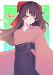Rule 34 | 1girl, absurdres, aqua background, blush, border, bow, brown hair, closed eyes, closed mouth, cowboy shot, floating hair, gradient background, green background, hair bow, hakama, hakama skirt, happy birthday, highres, japanese clothes, kaikistride, kimono, long hair, monogatari (series), official alternate costume, pink kimono, pleated skirt, red bow, sash, senjougahara hitagi, skirt, smile, solo, very long hair, white border, wide sleeves