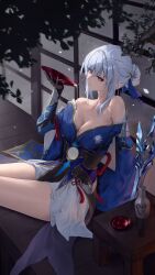 1girl absurdres adapted_costume alcohol bare_shoulders black_gloves blue_bow blue_dress blue_flower blue_skirt bottle bow breasts choko_(cup) cleavage closed_mouth commentary_request cup dress flower gloves hair_between_eyes hair_bow hair_bun highres honkai:_star_rail honkai_(series) jingliu_(honkai:_star_rail) knees_out_of_frame large_breasts long_hair looking_to_the_side pouring pouring_onto_self red_eyes sakazuki sake sake_bottle sasa_(sasa_ekakiman) sidelocks sitting skirt solo sword table weapon