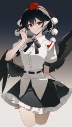 Rule 34 | 1girl, belt, black belt, black hair, black ribbon, black skirt, black wings, breasts, buttons, collared shirt, commentary, cowboy shot, cropped legs, feathered wings, frilled skirt, frills, gradient background, hair between eyes, hand up, hat, hat tassel, highres, looking at viewer, low wings, pointy ears, pom pom (clothes), puffy short sleeves, puffy sleeves, red eyes, red hat, revision, ribbon, shameimaru aya, shirt, short hair, short sleeves, simple background, skirt, solo, standing, thighs, tokin hat, touhou, white shirt, wing collar, wings, wuliwuli909