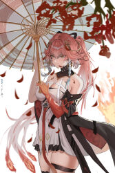 Rule 34 | 1girl, absurdres, banyanggo, bare shoulders, breasts, changli (wuthering waves), chinese clothes, cleavage, closed mouth, dress, earrings, gloves, hair between eyes, hair ornament, highres, holding, holding umbrella, jewelry, long hair, looking at viewer, oil-paper umbrella, petals, pink hair, ponytail, smile, solo, umbrella, white background, white dress, wuthering waves, yellow eyes