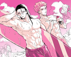 baroku_iroiro barou_shouei beach blue_lock highres kunigami_rensuke long_hair muscular pink_scales surfboard topless_female topless_male
