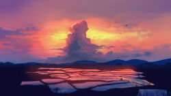 cloud cloudy_sky commentary_request grass highres huashixiatao mountainous_horizon no_humans orange_sky original reflection reflective_water rice_paddy scenery simple_bird sky tree