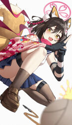 1girl animal_ear_fluff animal_ears ass black_gloves black_hair blue_archive blue_sailor_collar blue_skirt brown_shoes brown_socks commentary_request dutch_angle eyeshadow fang floral_print floral_print_kimono fox_ears fox_girl fox_hair_ornament fox_tail gloves hair_ornament halo highres izuna_(blue_archive) japanese_clothes kimono kunai looking_at_viewer makeup open_mouth partially_fingerless_gloves pink_eyeshadow pink_halo pink_kimono pink_scarf pleated_skirt pom_pom_(clothes) pom_pom_hair_ornament print_kimono sailor_collar scarf shi_ling_fangcheng shirt shoes skin_fang skirt socks solo tail weapon white_shirt