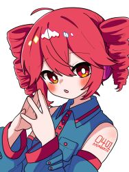 1girl bare_shoulders blush bright_pupils detached_sleeves drill_hair hands_up highres kasane_teto looking_at_viewer own_hands_together parted_lips red_eyes red_hair shirt simple_background sleeveless sleeveless_shirt solo steepled_fingers twin_drills upper_body utau vvv_fnk white_background white_pupils