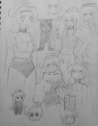 Rule 34 | book, breasts, cheerleader, choker, cleavage, crop top, highres, medium breasts, midriff, shimeji simulation, sketch, small breasts, squidmiku , thighs, white background, yomikawa (shimeji simulation)