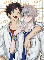 2boys black_hair blue_necktie bracelet cross_scar fangs green_eyes gyaruo hair_between_eyes hair_ornament hairclip highres jewelry kabu16 kanzaki_kaoru long_sleeves looking_at_viewer male_focus mogari_shishikuno multicolored_eyes multiple_boys necklace necktie open_mouth phantom_busters red_eyes red_shirt scar shirt short_hair simple_background sketch smile solo upper_body v white_background white_hair white_shirt
