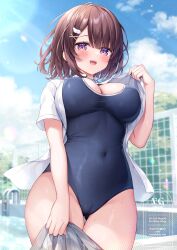 Rule 34 | 1girl, blue one-piece swimsuit, blue sky, blush, bow, bowtie, breasts, brown hair, cleavage, cloud, covered navel, grey skirt, hair between eyes, hair ornament, large breasts, looking at viewer, mitsuba choco, one-piece swimsuit, open clothes, open mouth, open shirt, original, outdoors, pool, poolside, purple eyes, school swimsuit, shirt, short hair, short sleeves, skirt, sky, smile, solo, swimsuit, teeth, undressing, upper teeth only, water, white shirt