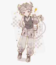 ! 1boy :3 arm_warmers black_shirt closed_mouth commission ear_piercing english_text facial_scar full_body grey_arm_warmers grey_eyes grey_hair grey_pants grey_shoes hand_up heo_nyang highres looking_at_viewer male_focus original pants piercing pointy_ears puffy_pants scar scar_on_cheek scar_on_face shadow shirt shoes short_hair simple_background sleeveless sleeveless_shirt smile solo twitter_username watermark white_background